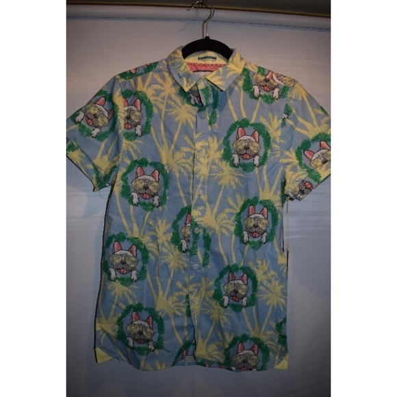 Bulldog with sunglasses & palm trees hawaiian shirt made to live size s slim fit - Picture 8 of 8